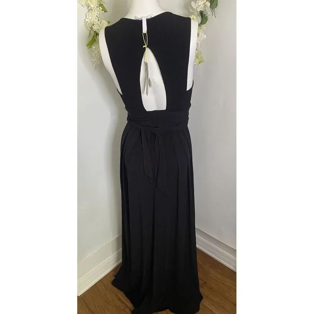 BCBGeneration V Neck Belted Black Maxi‎ Dress XS Front Slit Open Back 58